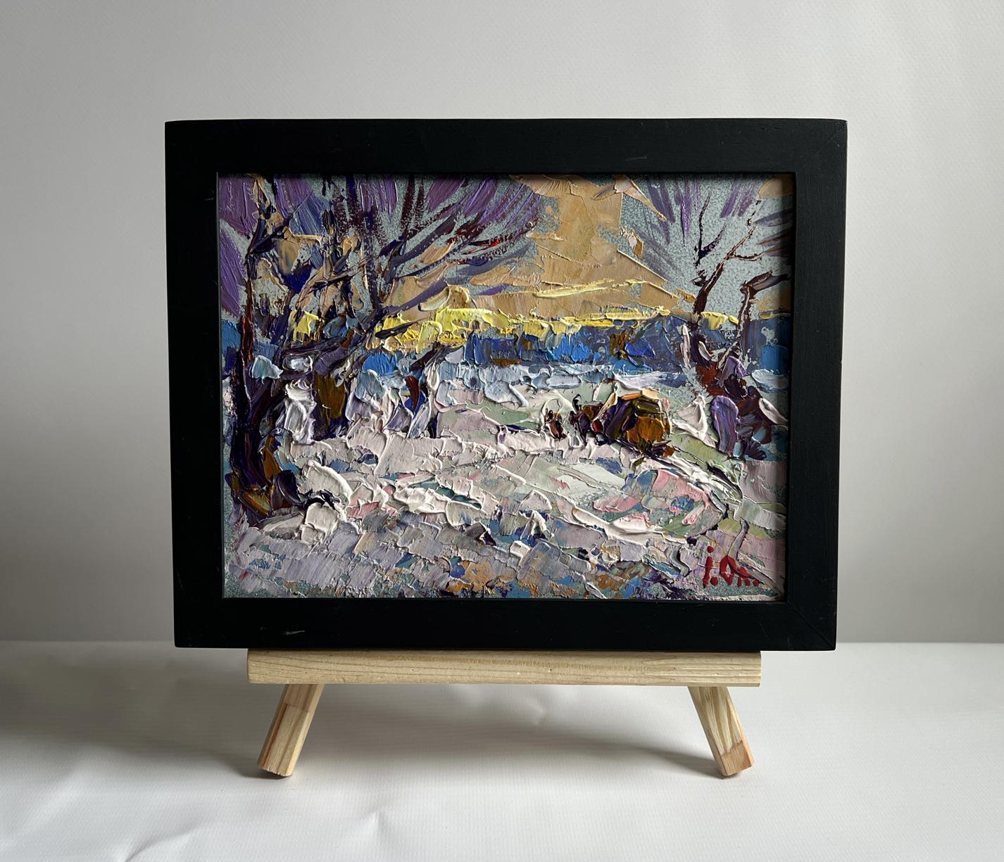 Black-framed impressionistic snowy winter evening landscape by Oleksiy Ivanyuk