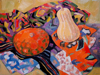 Oil painting of Hokkaido pumpkin on geometric cloth by Tatyana Shulyak