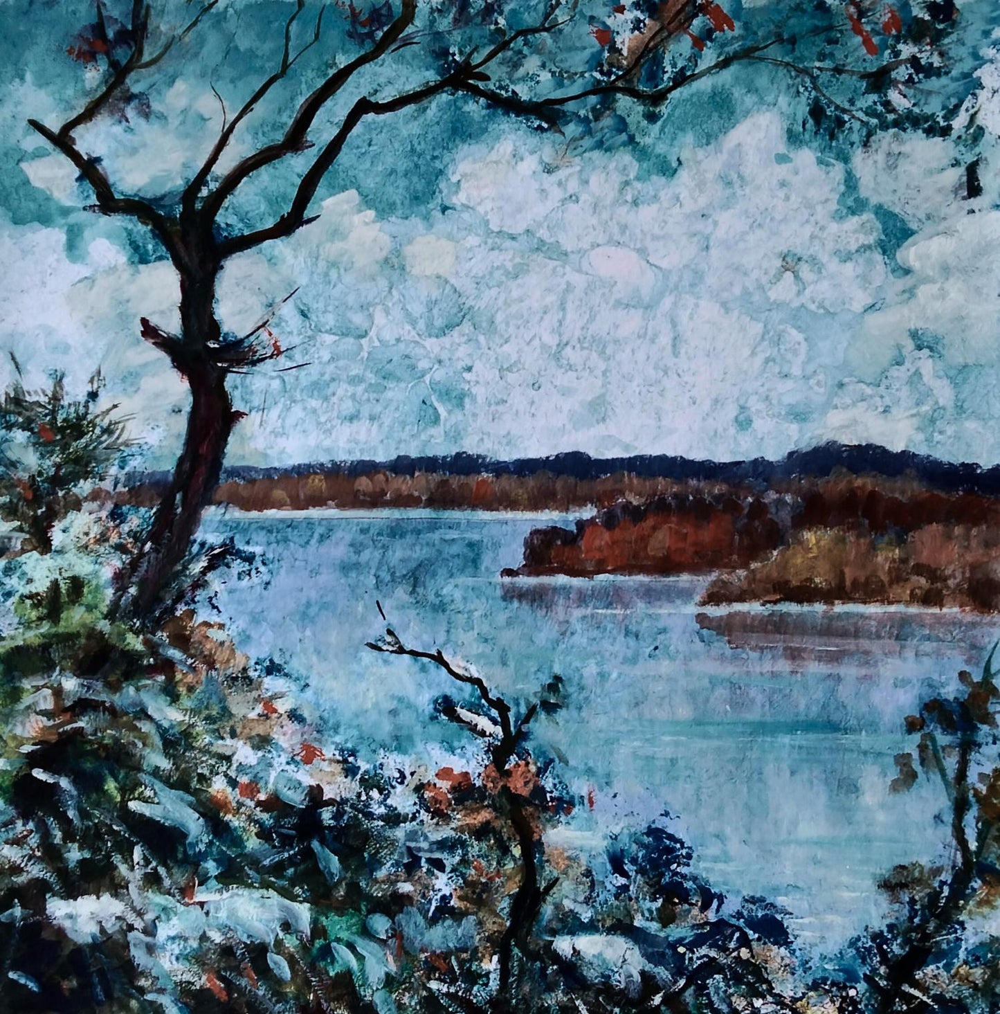 Oil painting by Vitaly Duhnevich: river through autumn field and lake hills