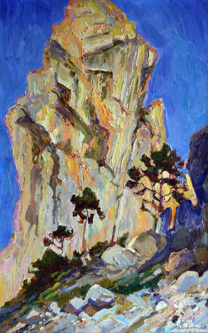 Vibrant oil painting The sun rises by Leonid Pavlenko, towering rock formation