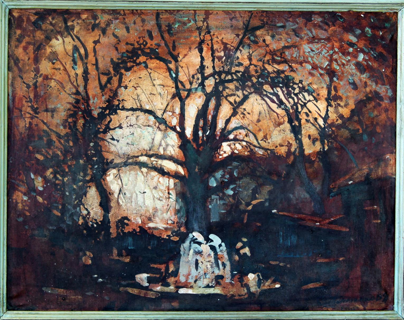 Oil painting One Day in the Park by Ed Potapenkov in light green frame