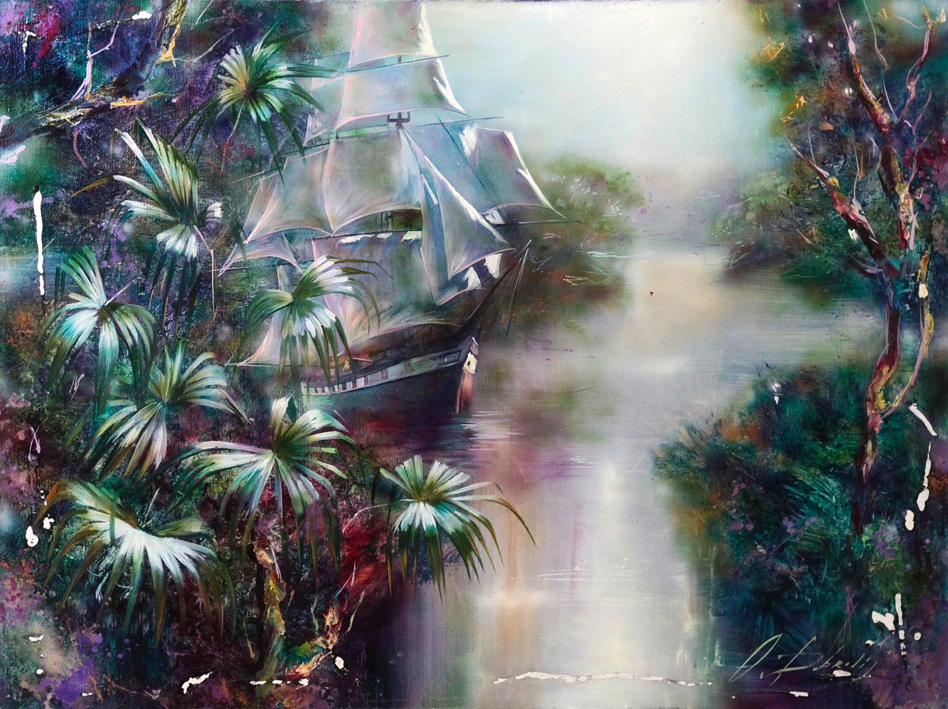 Oil painting Tropical motif by Alexander Dobrodiy: misty tall ship among palms