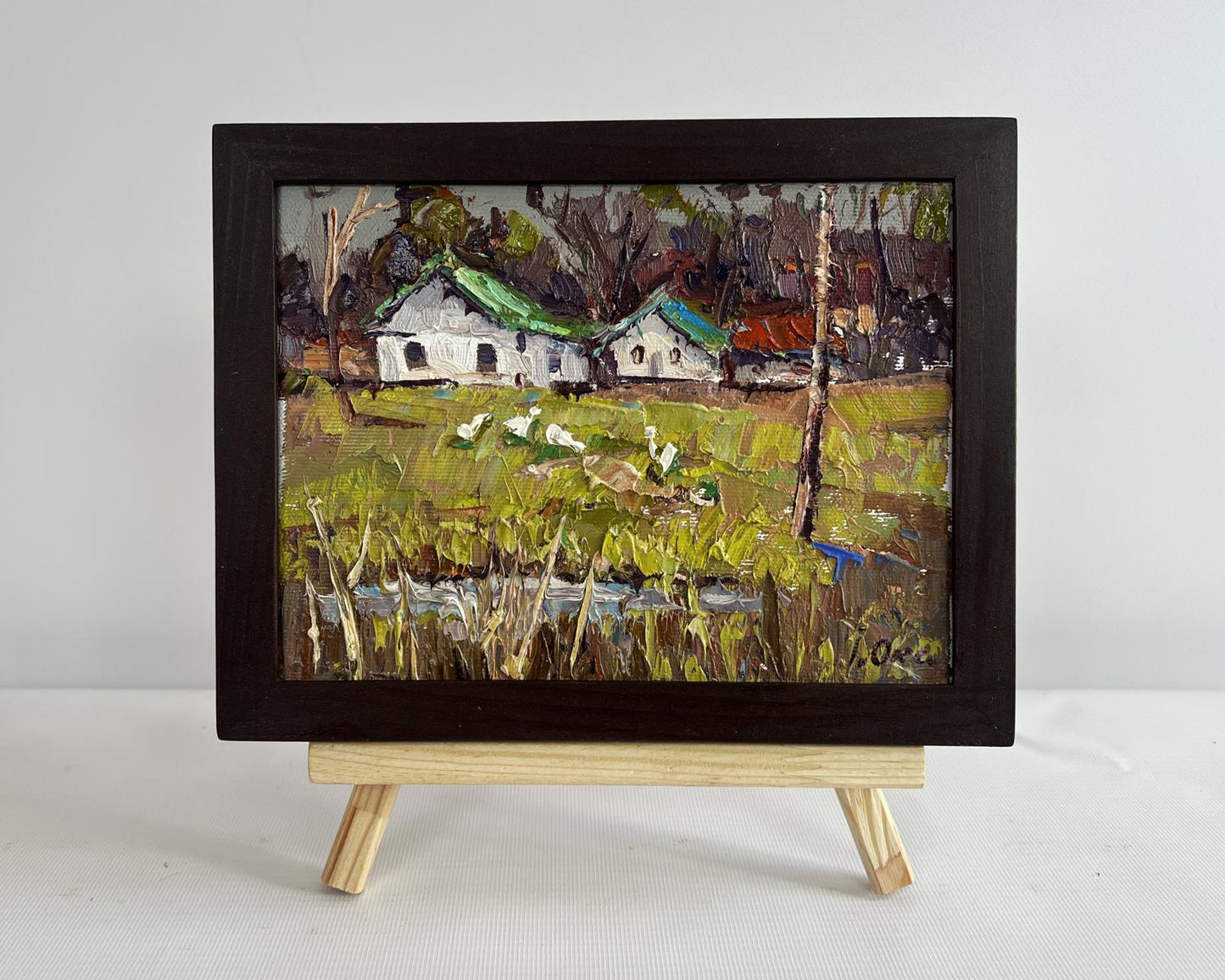 Oil painting Near the village lake by Oksana Ivanyuk in wooden frame