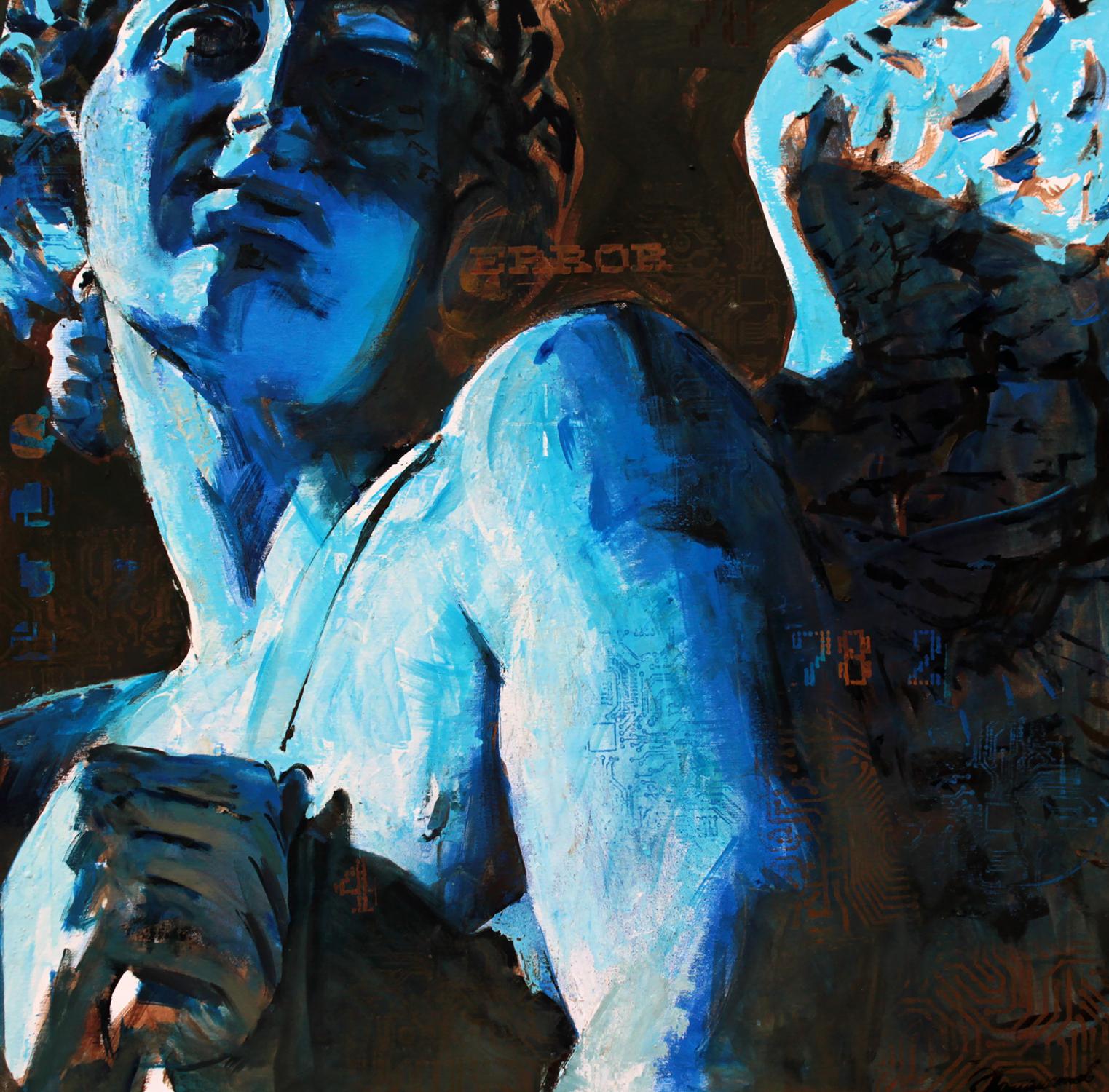 Vibrant blue oil painting Angel Ed Potapenkov sculpture with detailed textured brushwork