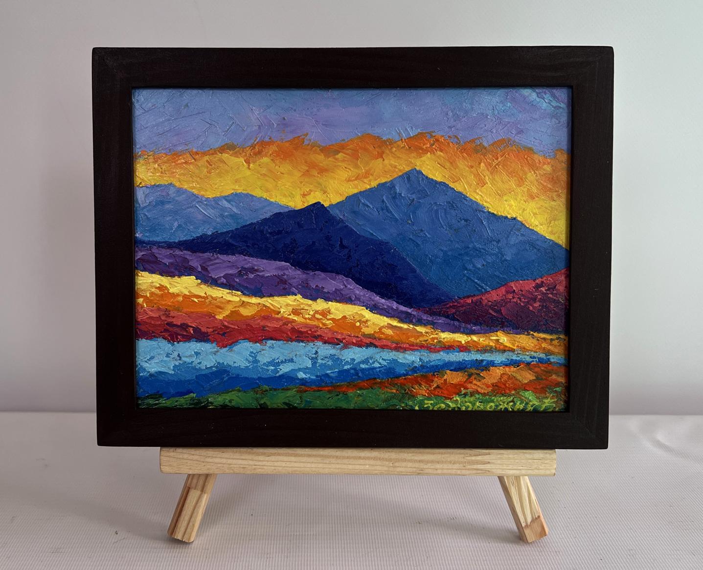 Vibrant Big Mountains and Sunset oil painting by V. Zadorozhnya in black frame
