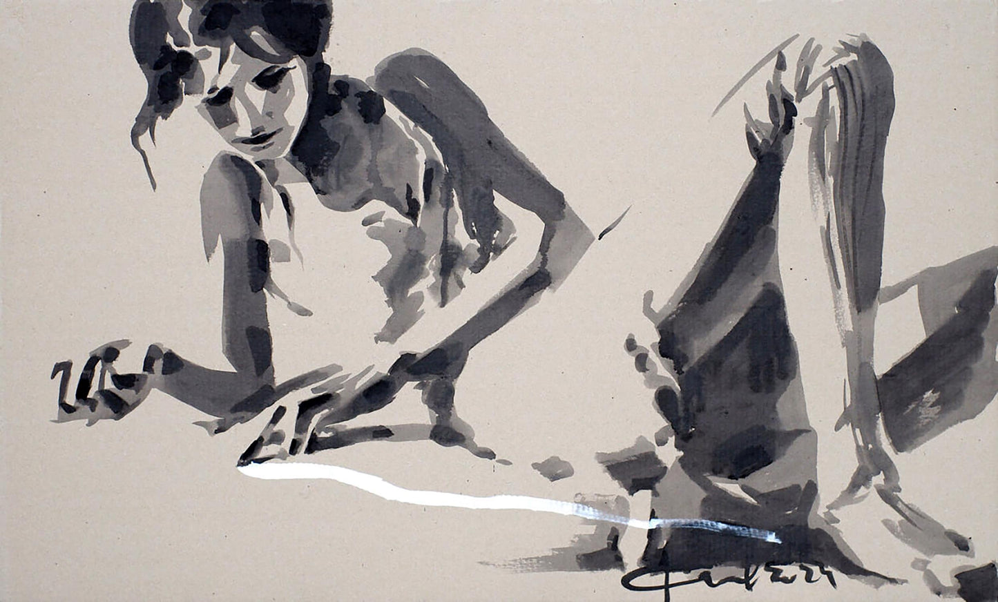 Monochromatic ink wash of woman in stylized pose by Dima Filatov