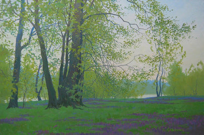 Oil painting April spring mood by Valery Savenets: trees and purple wildflowers