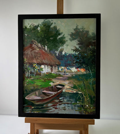 Oil painting Boat on the shore by Yuriy Suprunchuk: rustic cottage by pond