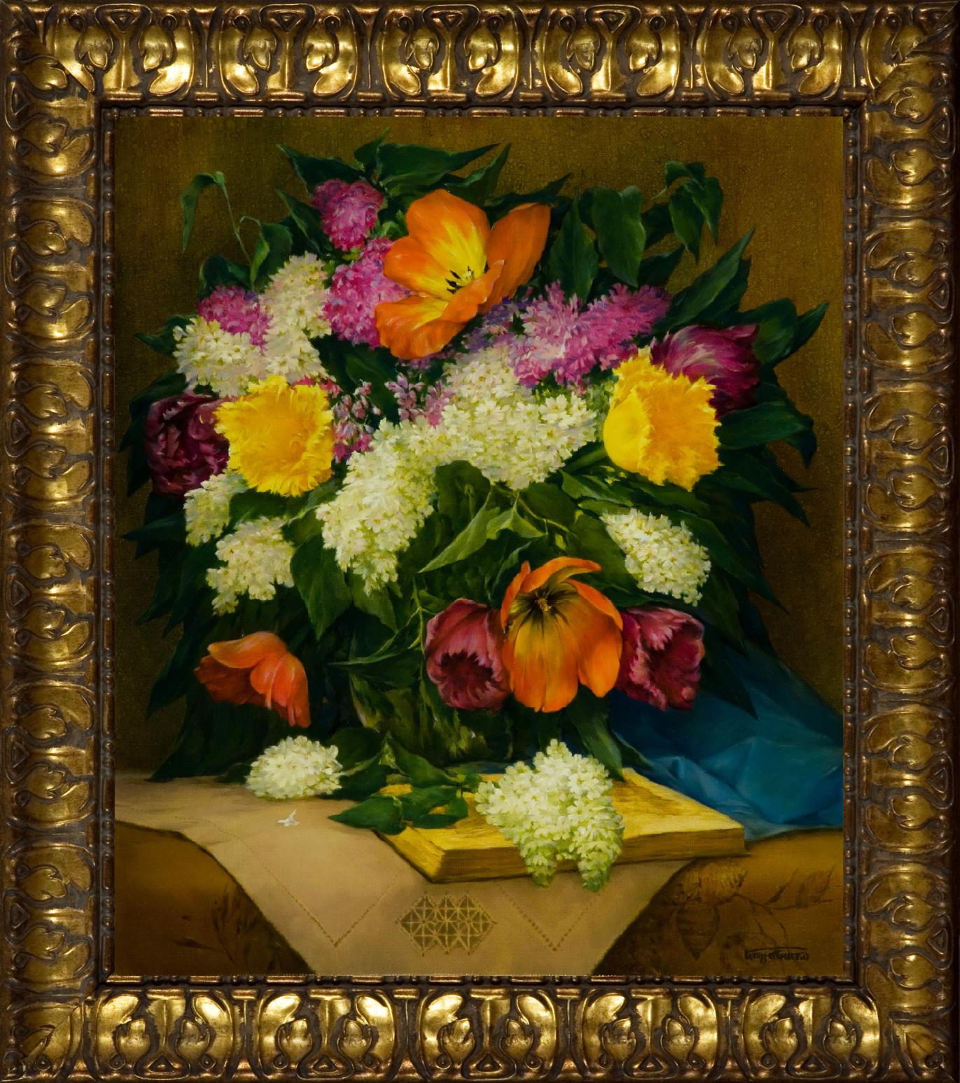 Oil painting Spring bouquet Vasily Korkishko vibrant flowers in golden frame