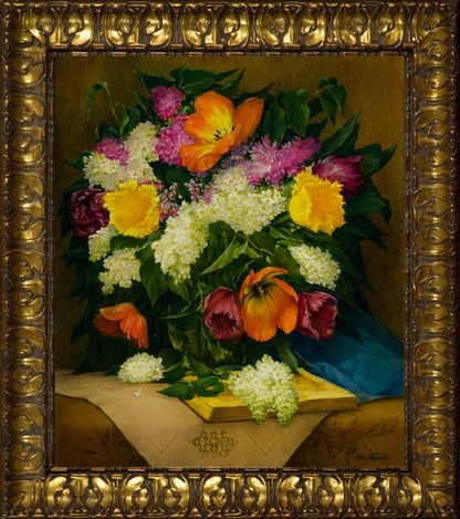 Oil painting Spring bouquet Vasily Korkishko vibrant flowers in golden frame