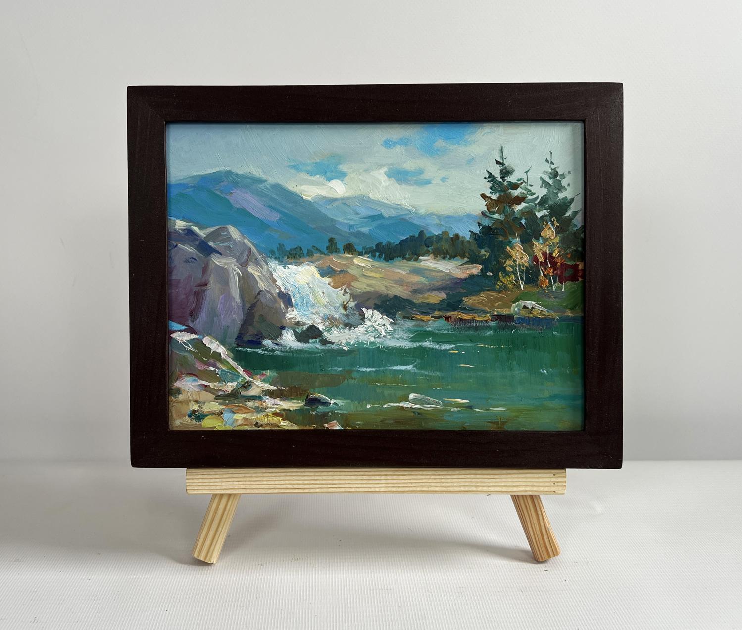 Framed oil painting of waterfall in mountains by Yuriy Suprunchuk