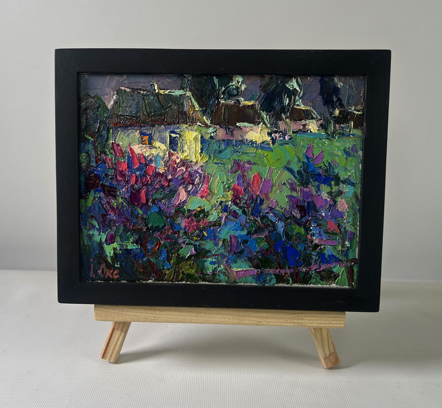 Oil painting The first lilac over the field by Oksana Ivanyuk in black frame