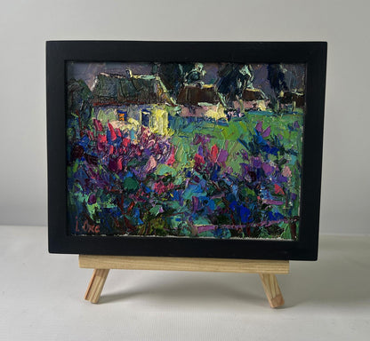 Oil painting The first lilac over the field by Oksana Ivanyuk in black frame