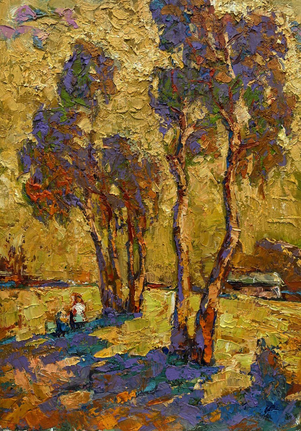 Oil painting of pine trees to the sky by Oleksiy Ivanyuk