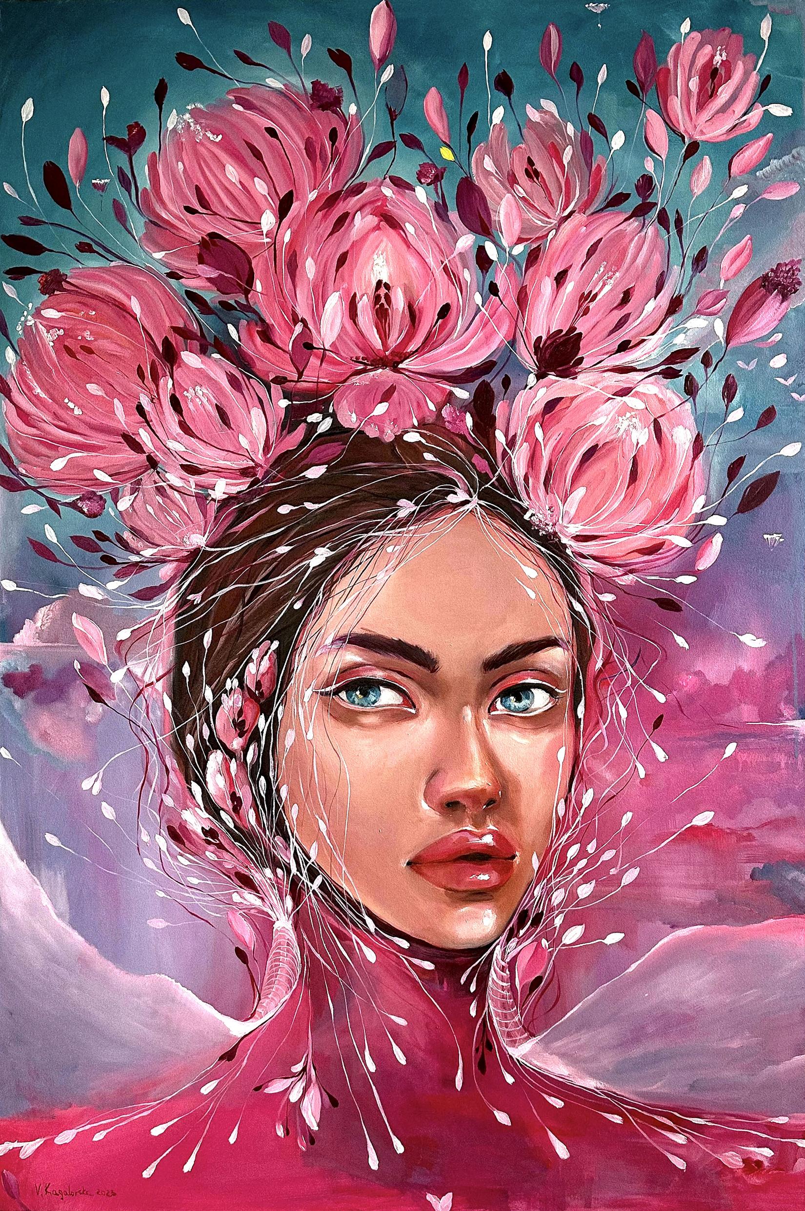 Vibrant pink peony oil painting by Victoria Kagalovska, floral headdress