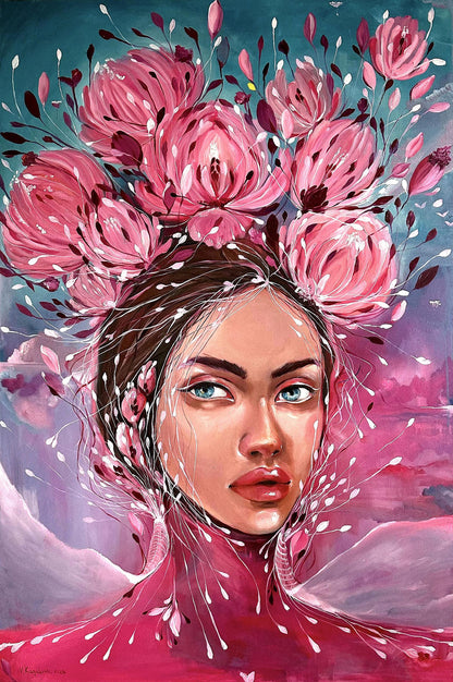 Vibrant pink peony oil painting by Victoria Kagalovska, floral headdress
