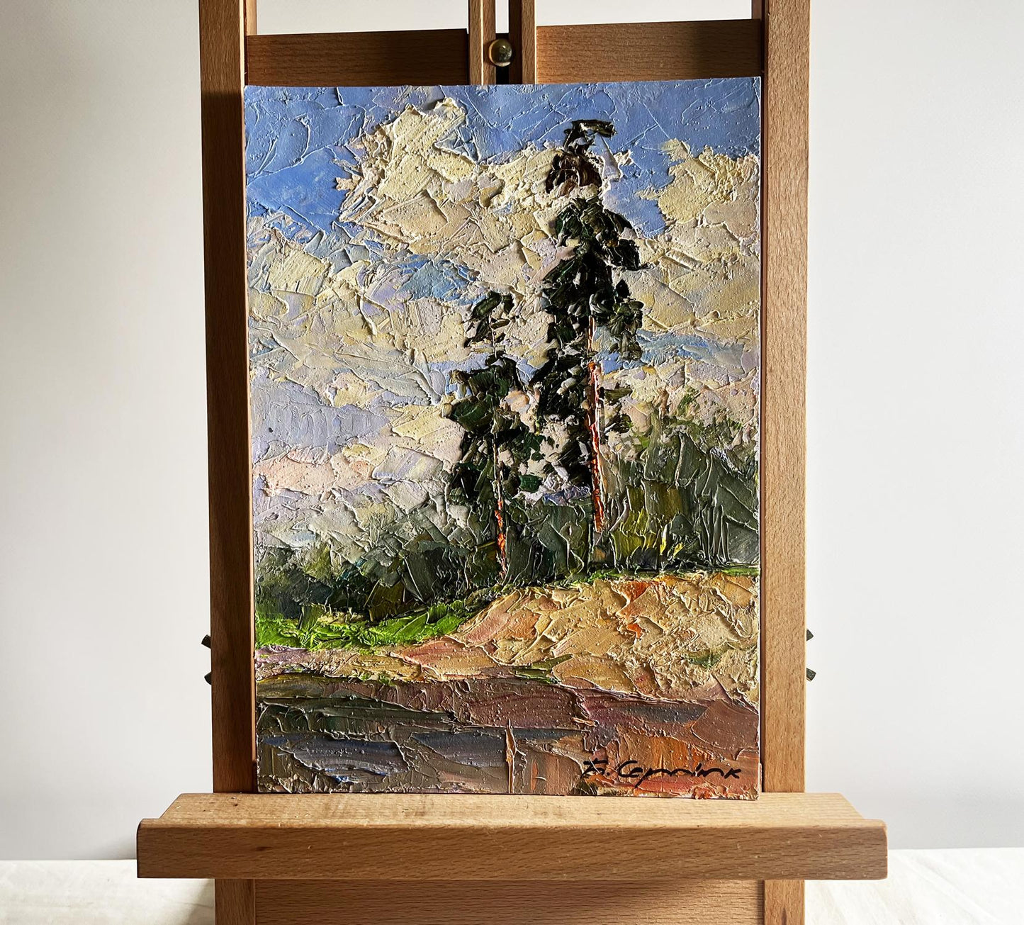 Oil painting Sand cliff by the river by Boris Serdyuk, tall pine tree in impasto