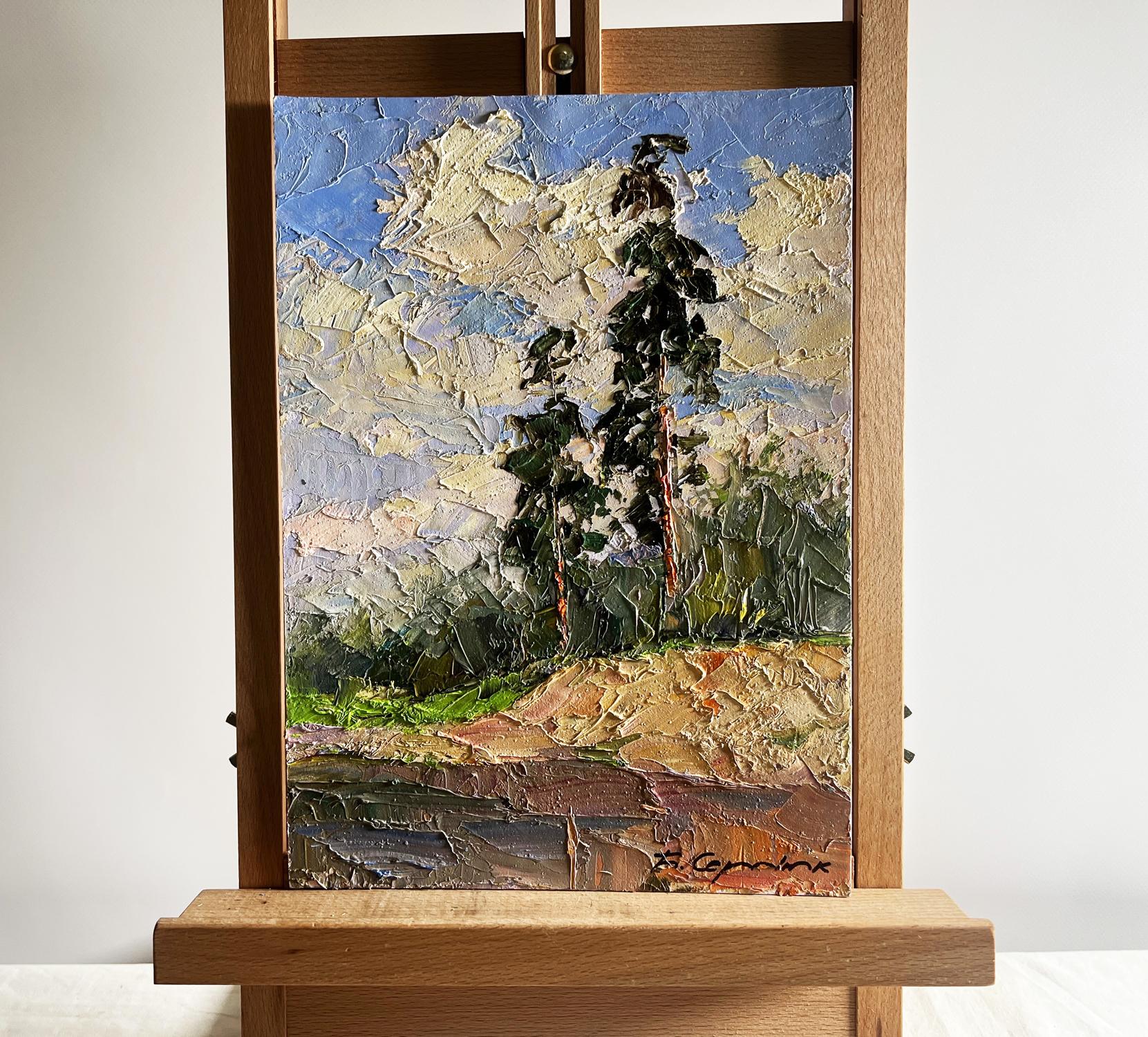 Oil painting Sand cliff by the river by Boris Serdyuk, tall pine tree in impasto