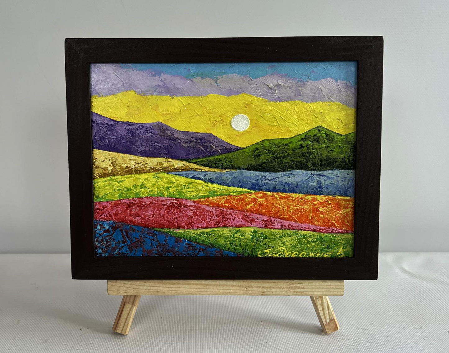 Oil painting The sun is behind the mountains by V. Zadorozhnya in wooden frame
