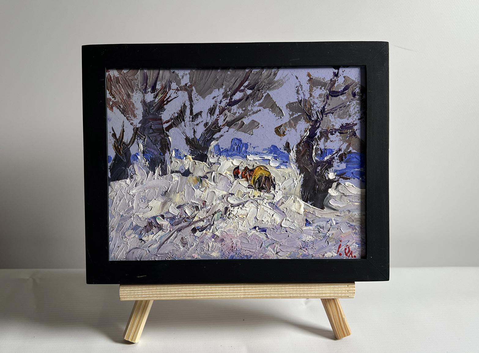 Black-framed miniature oil painting Winter snowy road by Oleksiy Ivanyuk