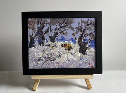Black-framed miniature oil painting Winter snowy road by Oleksiy Ivanyuk