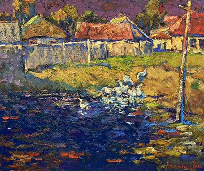 Oil painting After the Rain by Oksana Ivanyuk, vibrant impressionist village by water
