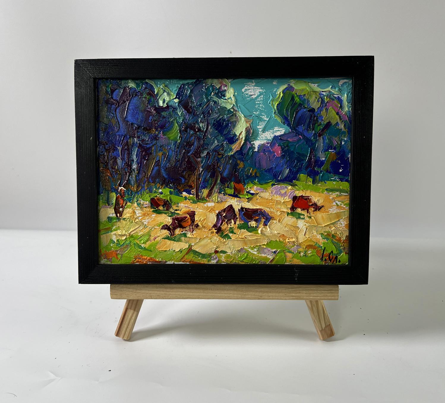 Vibrant Oleksiy Ivanyuk oil painting of flock in meadows on black frame easel