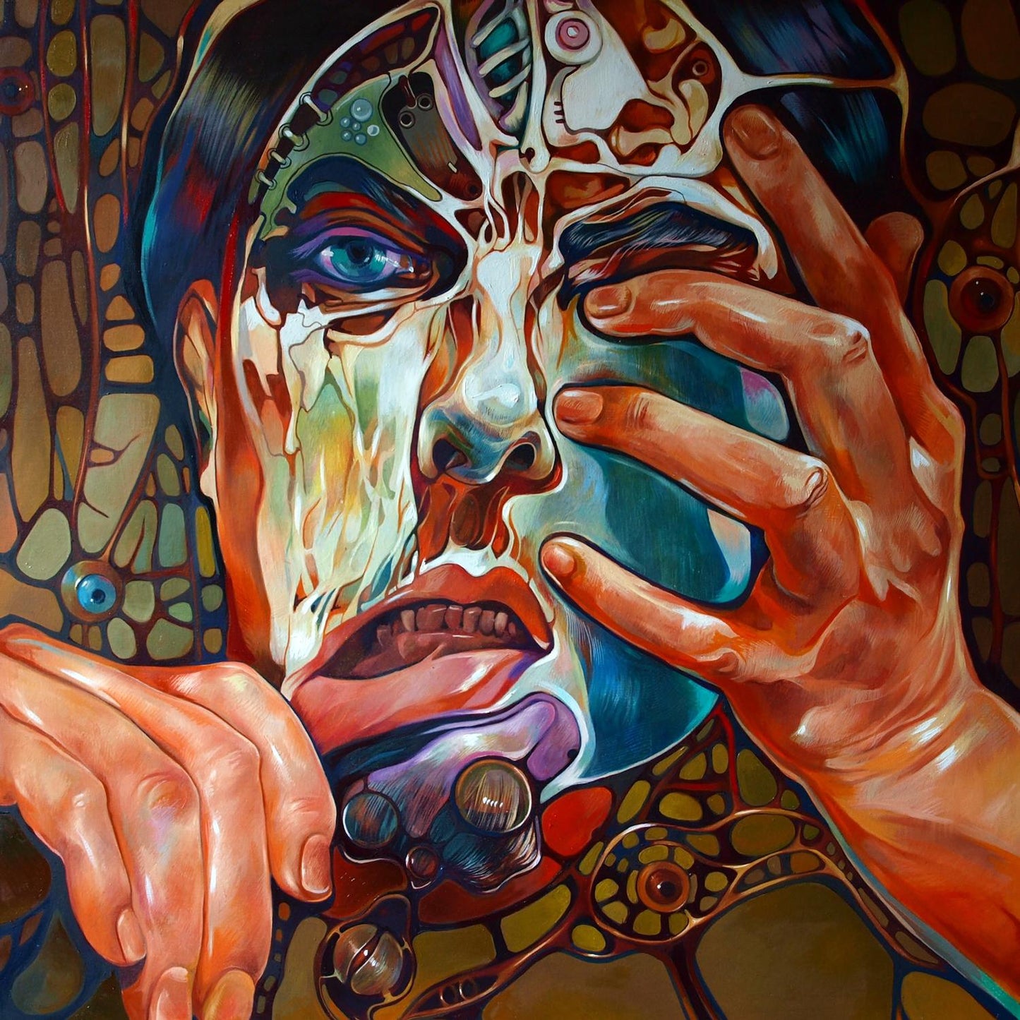 Surreal oil portrait by Konsta G. Amelinn with blue eyes and melting textures