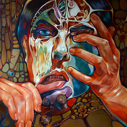Surreal oil portrait by Konsta G. Amelinn with blue eyes and melting textures