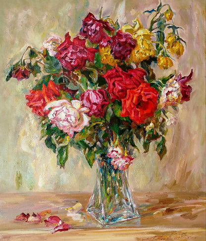 Oil painting of vibrant red pink yellow roses bouquet by Leonid Pavlenko