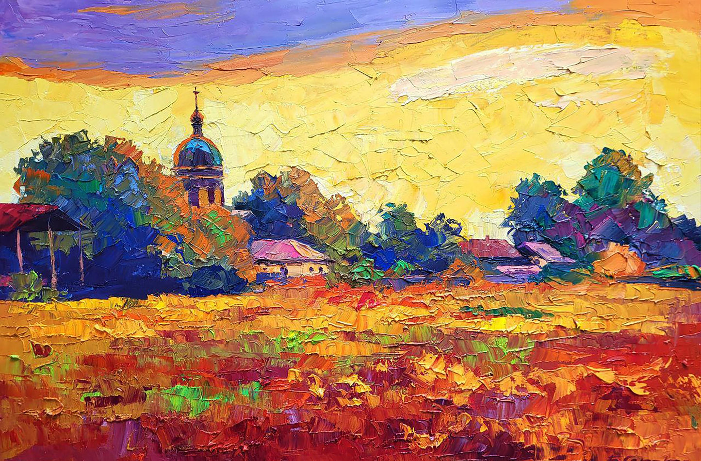 Vibrant impressionist oil painting Sunset over the village by Boris Serdyuk