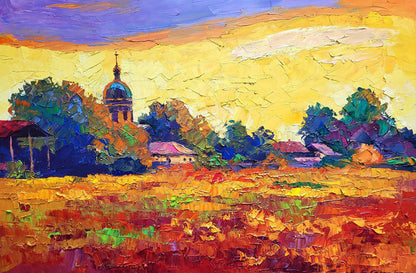 Vibrant impressionist oil painting Sunset over the village by Boris Serdyuk