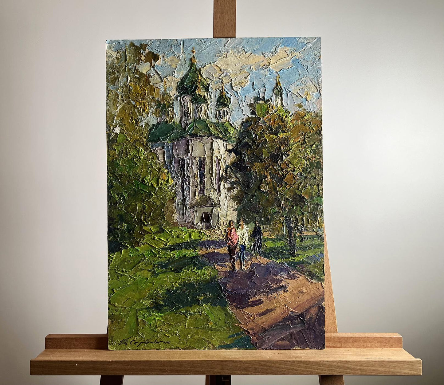 Oil painting Morning near the temple by Boris Serdyuk: church with green domes