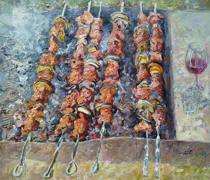 Oil painting of grilled beef and yellow vegetable skewers by Leonid Pavlenko