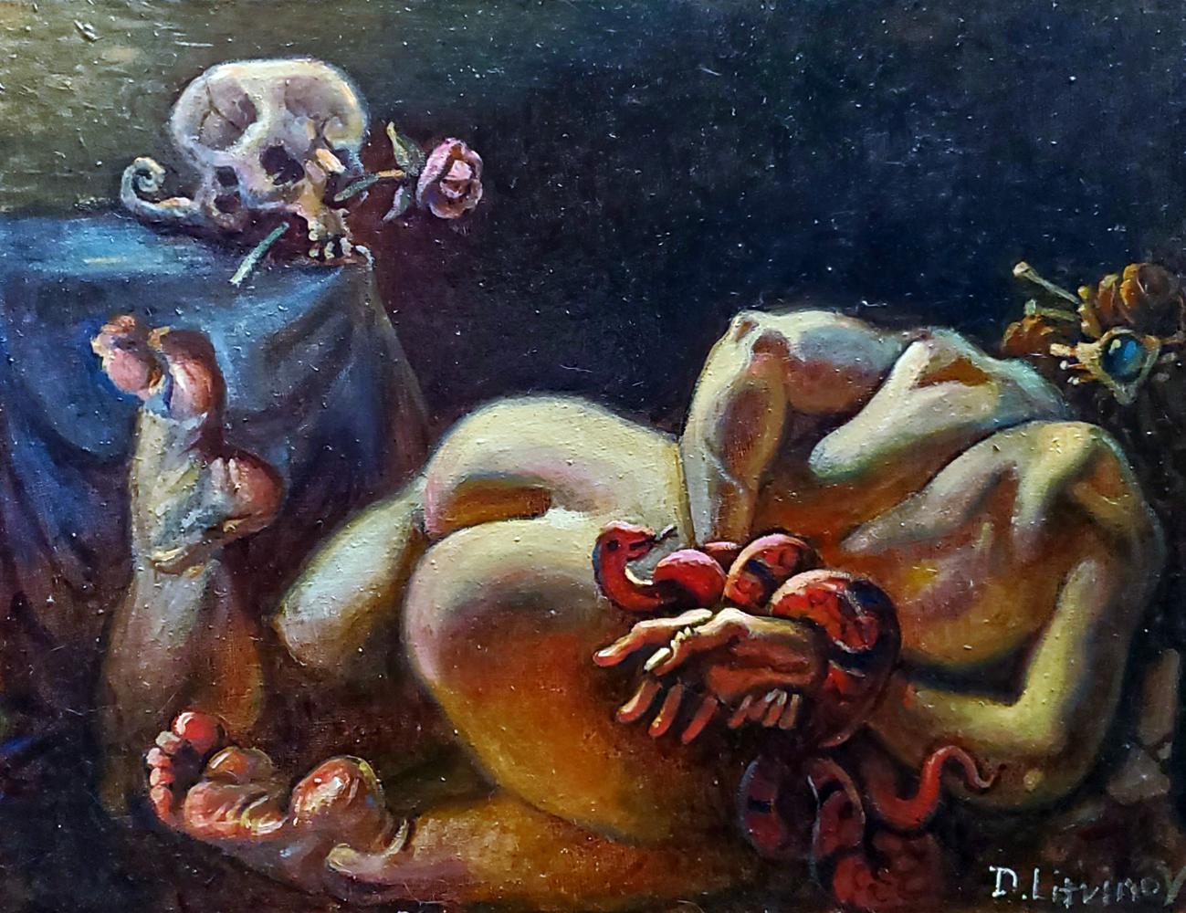 Dark oil painting of reclining nude with red snakes on hands by Daniil Litvinov