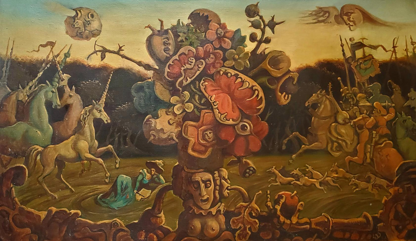 Surreal oil painting An Evening of Recklessness by Daniil Litvinov with unicorns