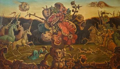 Surreal oil painting An Evening of Recklessness by Daniil Litvinov with unicorns