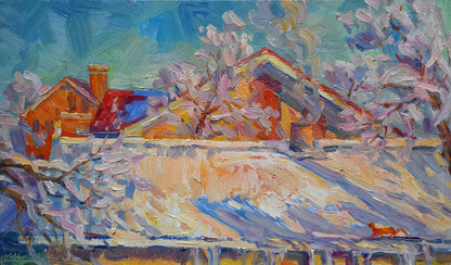 Oil painting Magic of Winter by Ivan Kovalenko: snowy village scene