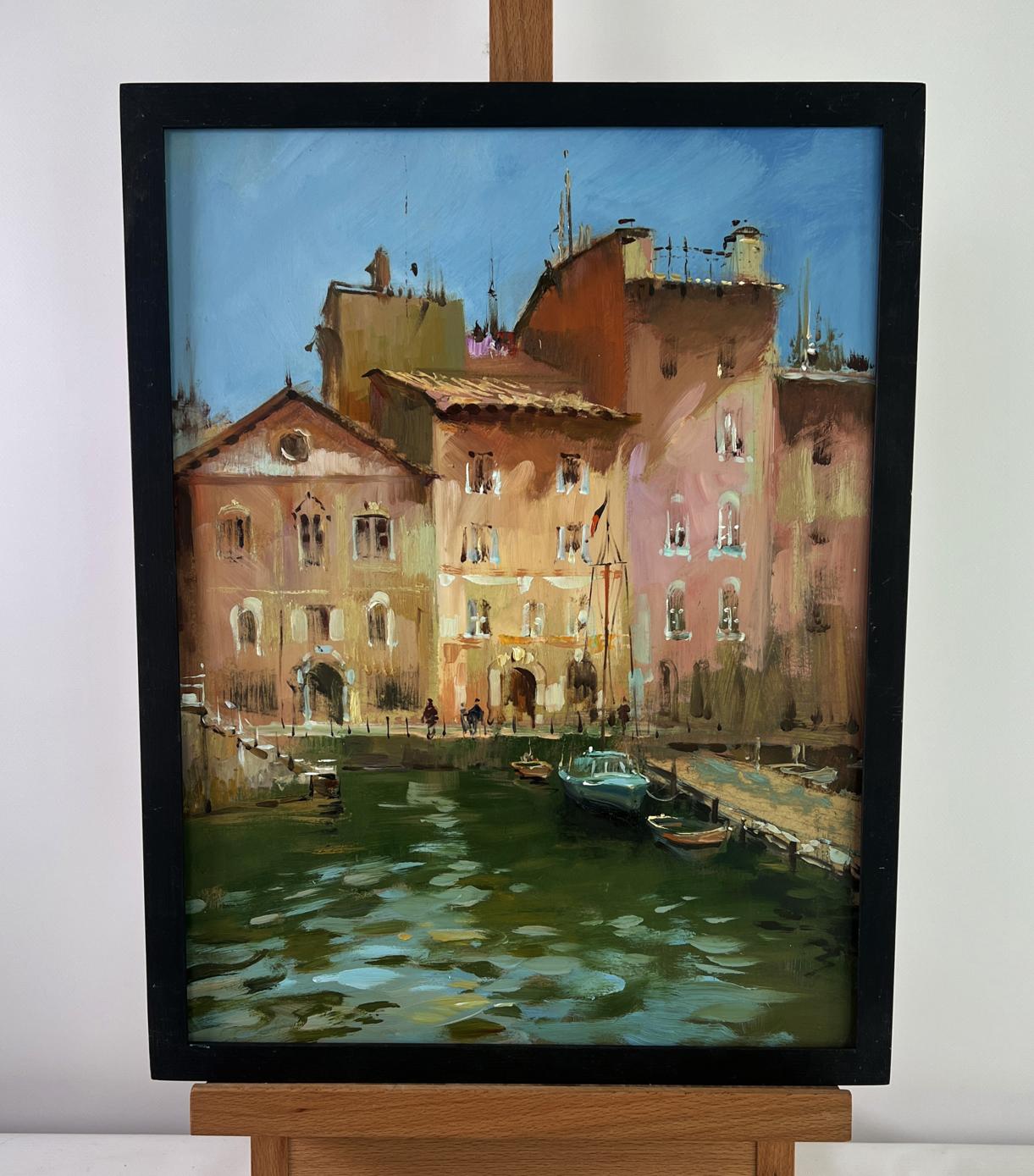 Framed oil painting of sunlit canal by Yuriy Suprunchuk