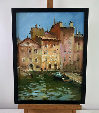 Framed oil painting of sunlit canal by Yuriy Suprunchuk