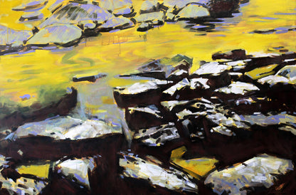 Vibrant yellow purple abstract oil painting Stones Ed Potapenkov rocky shoreline