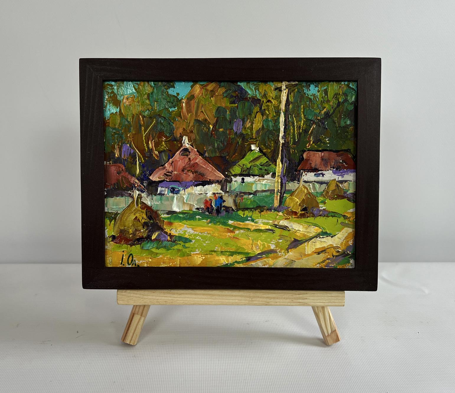Impressionist oil painting by Oleksiy Ivanyuk of village bench scene in wooden frame