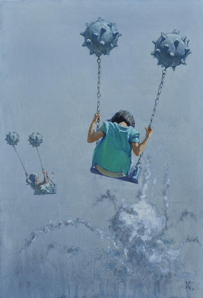 Oil painting Aerial skating by Oleg Kateryniuk: child swings on chains