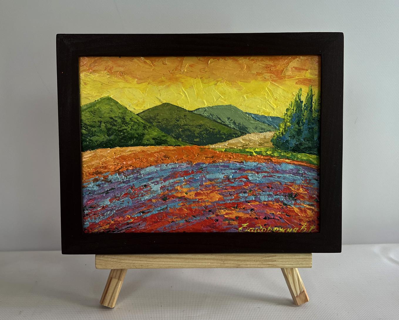 V. Zadorozhnya oil painting of yellow colors dancing in vibrant green meadows, framed