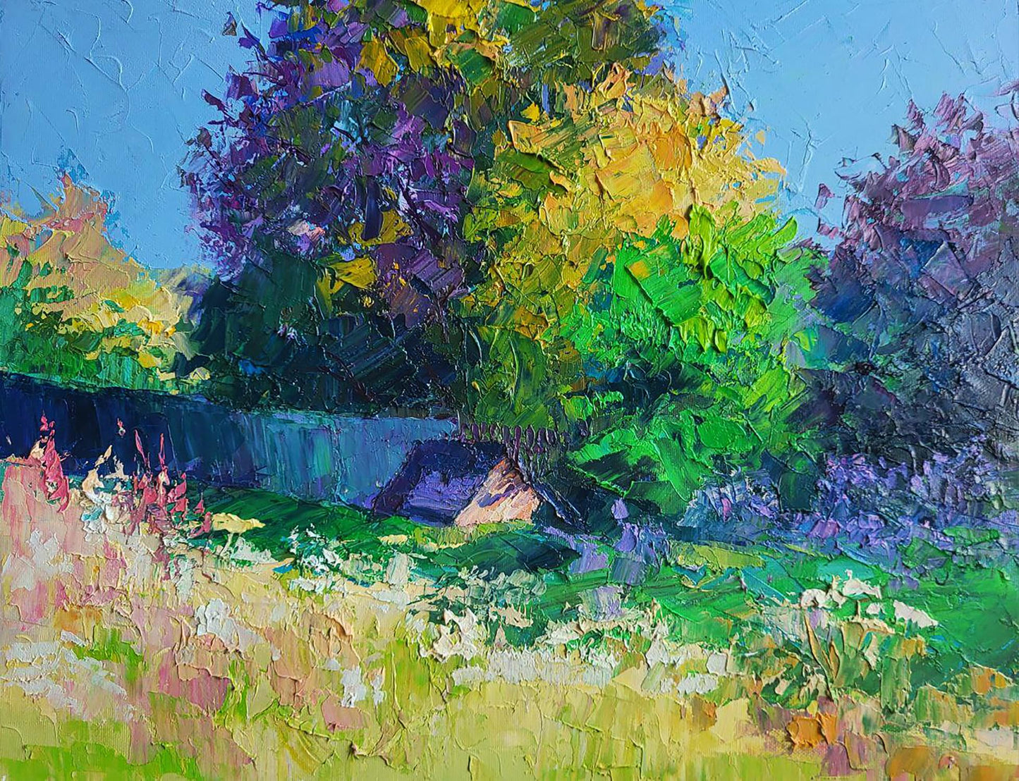 Vibrant impressionist oil painting Summer by Boris Serdyuk, textured tree in greens and blues