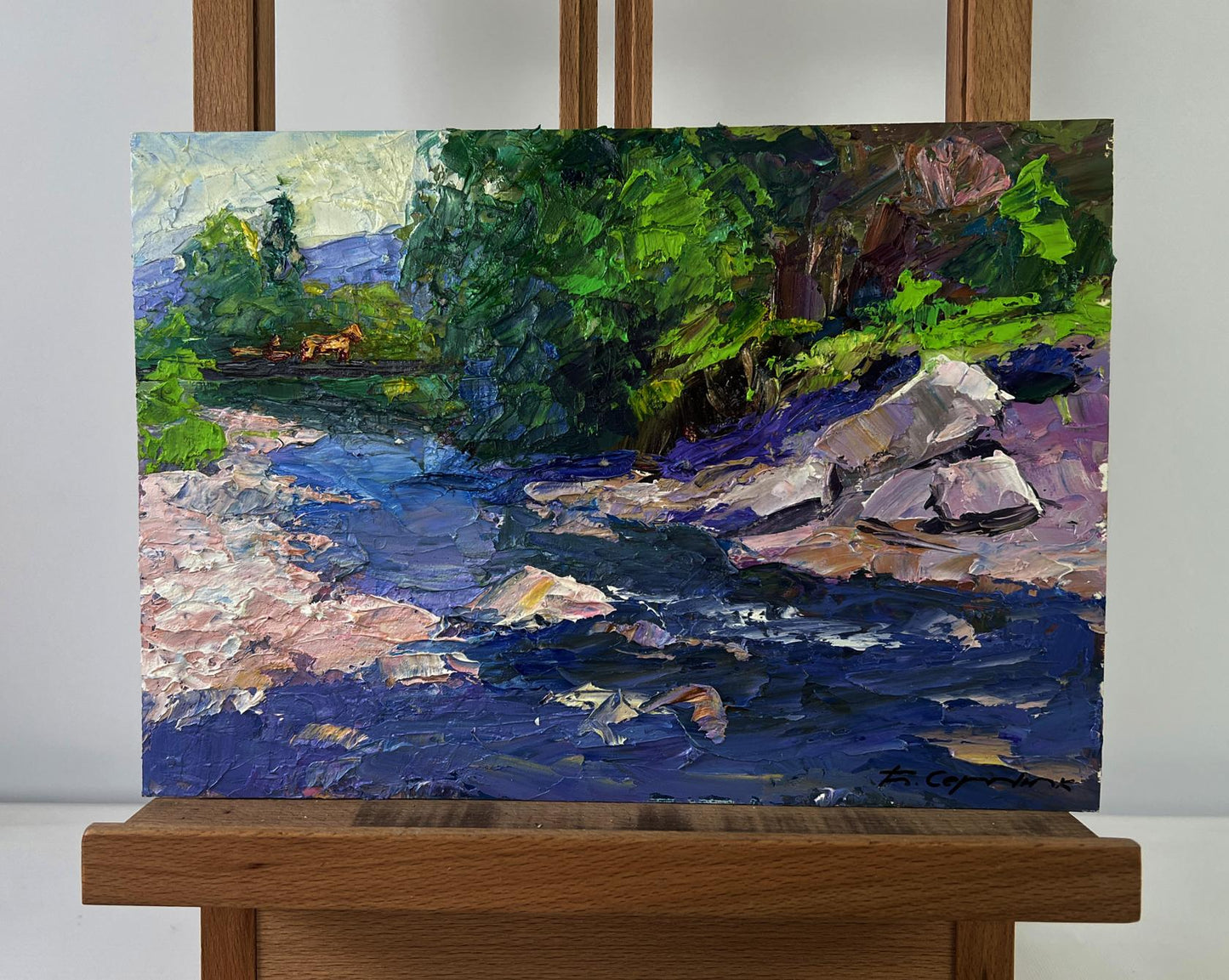 Vibrant oil painting of mountain river descending through forest by Boris Serdyuk