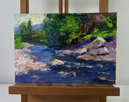Vibrant oil painting of mountain river descending through forest by Boris Serdyuk