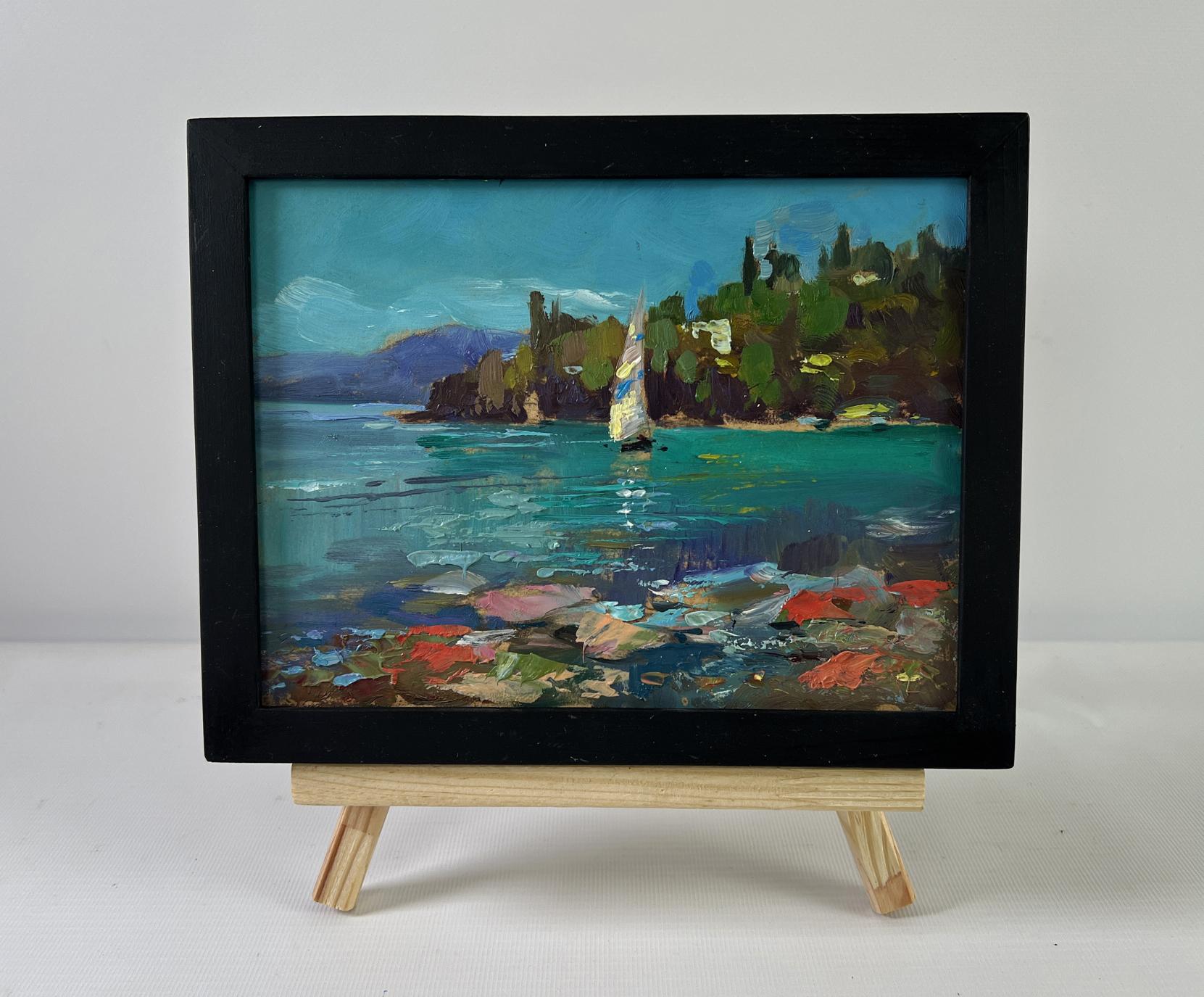 Framed impressionist oil painting of sailboat at sea by Yuriy Suprunchuk