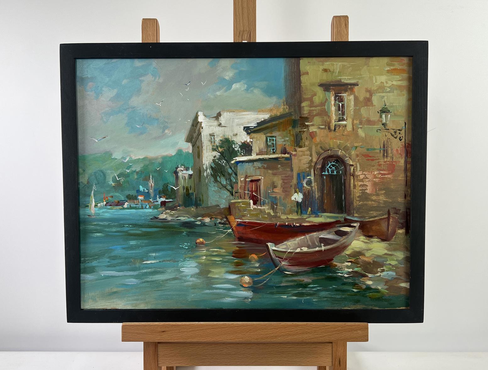 Oil painting Pier in evening colors by Yuriy Suprunchuk in black frame on easel