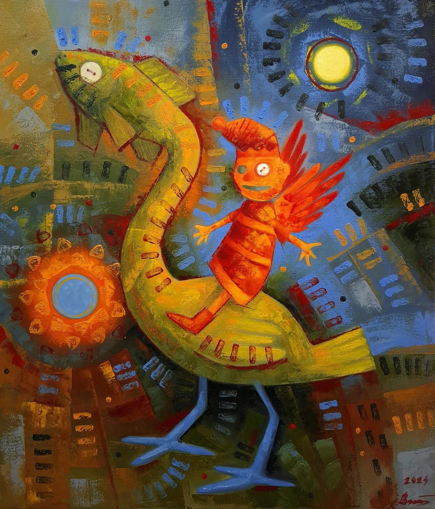 Oil painting of King Button riding green yellow serpent in cityscape by Sergiy Voichenko
